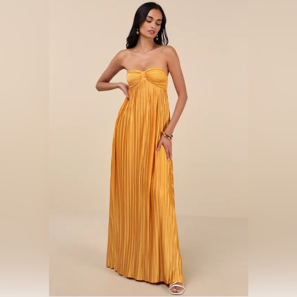 Lulus Golden Yellow Satin Strapless Maxi Dress